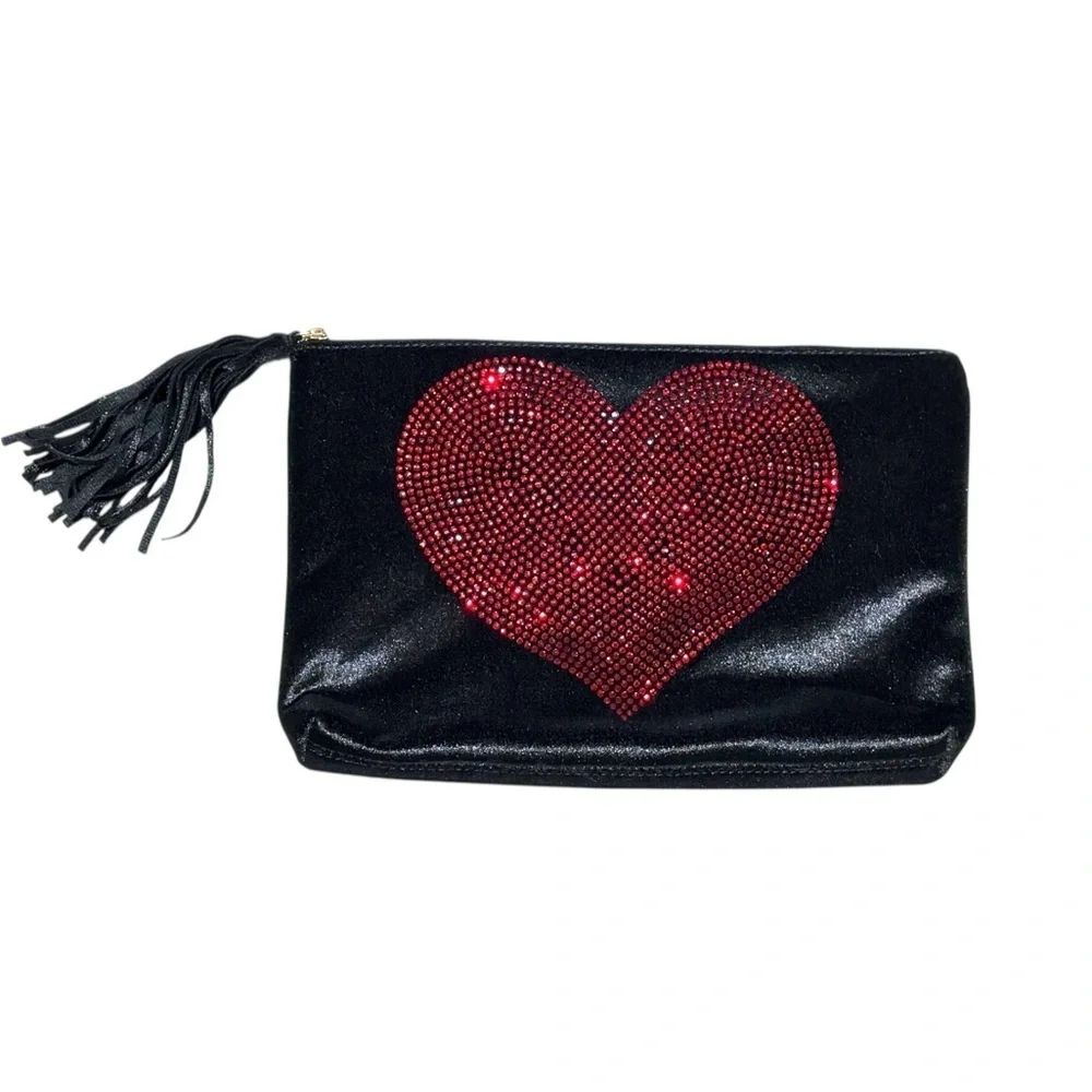 Ahdorned Velvet Red Heart Black Clutch with Tassel